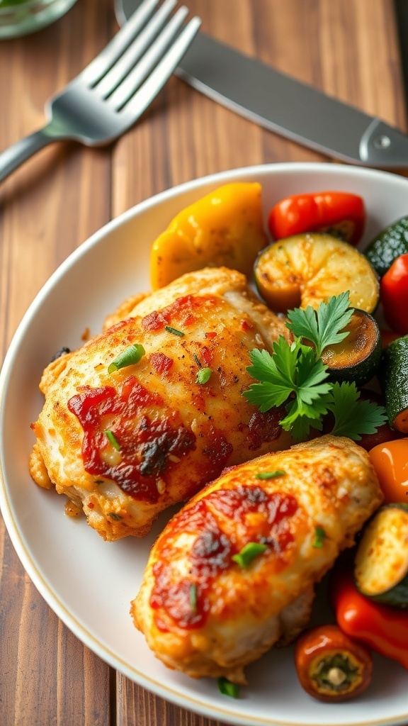 Crispy Air Fryer Boneless Chicken Thighs Recipe Crispy air fryer boneless chicken thighs garnished with parsley, served with roasted vegetables on a rustic table.